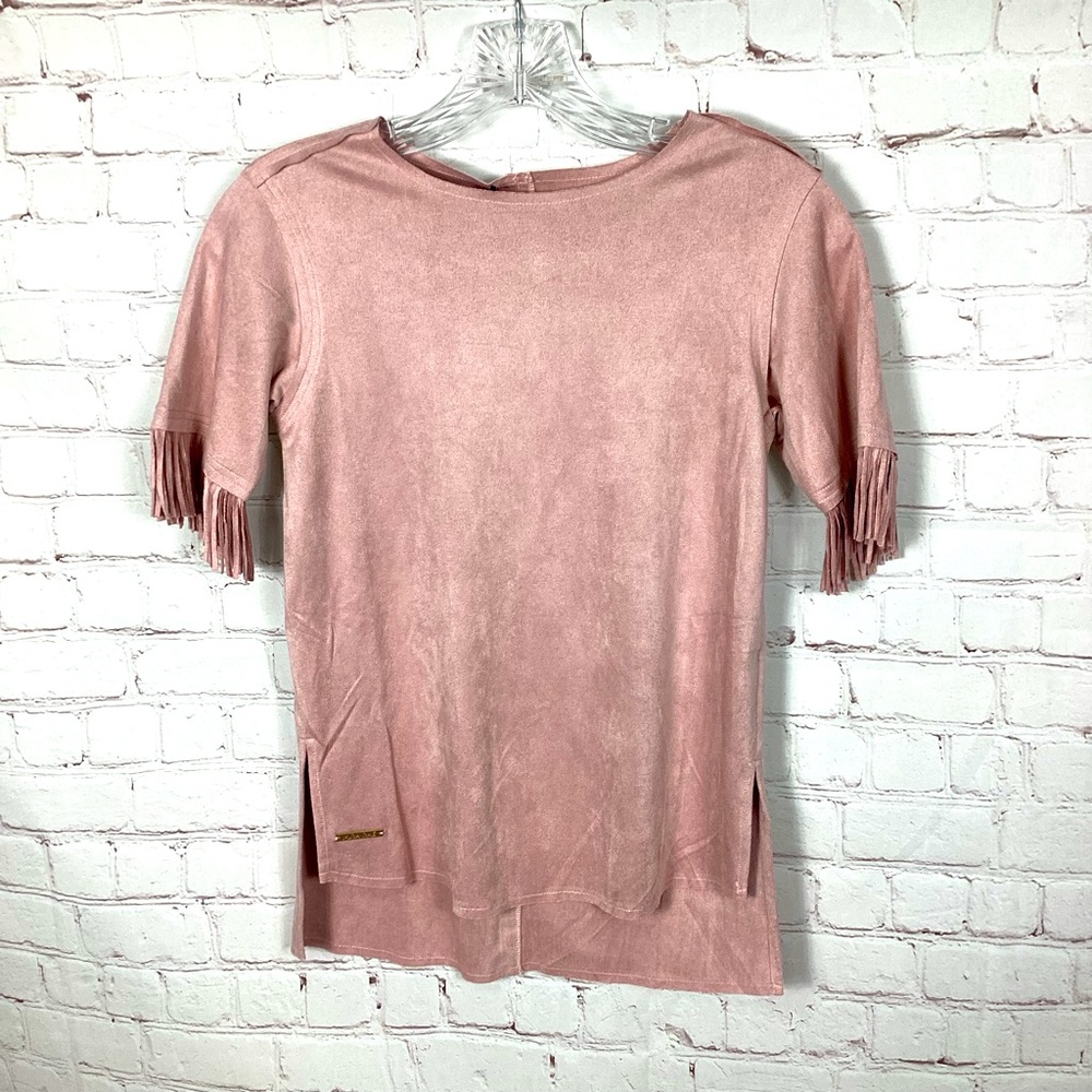 NWT Mira Rae Girls Suede Fringe Top Rose Pink Size 12/13 Short‎ Sleeve Soft